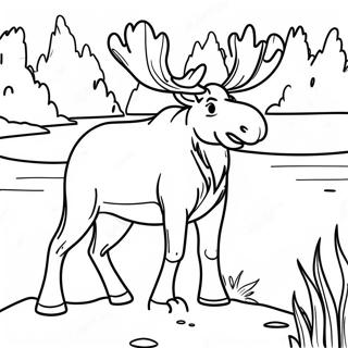 Moose Realistis Berdiri Di Samping Danau Halaman Mewarnai 63433-14064